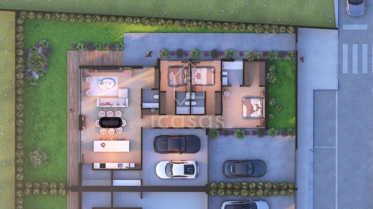 Project image: ground-floor plan, with the open-plan living room and kitchen, the three en-suite bedrooms, the pantry, the utility room and the garage